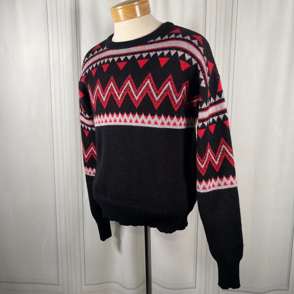 Vintage 80's PROFILE 100% Wool Sweater • Black Red Nordic Ski Geometric Knit • L - Picture 10 of 14